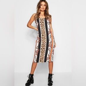 Boohoo Leopard Stripe Midi Cami Dress - Black/White/Tan